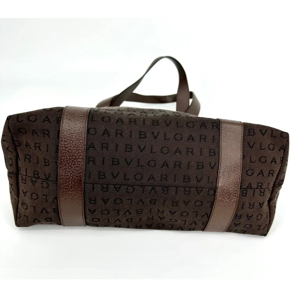 Bvlgari Logo Jacquard Canvas Tote Bag Brown w/ Matching Pouch & Dust bag